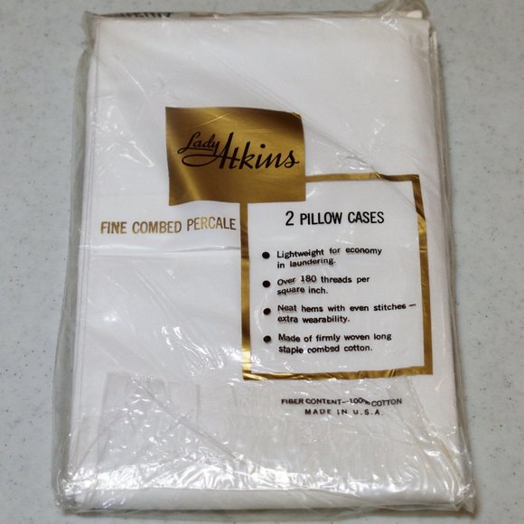 NWD Vintage Lady Atkins 100% Cotton 180 Thread (2) White Pillow Cases 42 x 38.5 - Picture 2 of 6